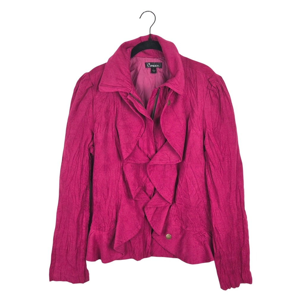 Vtg Cowan Pink Fuchsia Faux Suede Wrinkle Ruffle‎ Front Zip Up Jacket L Cowgirl